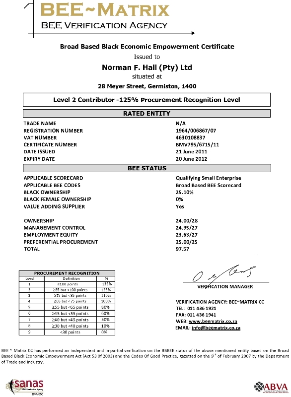 Norman F.Hall (Pty) Ltd – Motor Engineering is accredited with a Broad Based Black Economic Empowerment Certificate